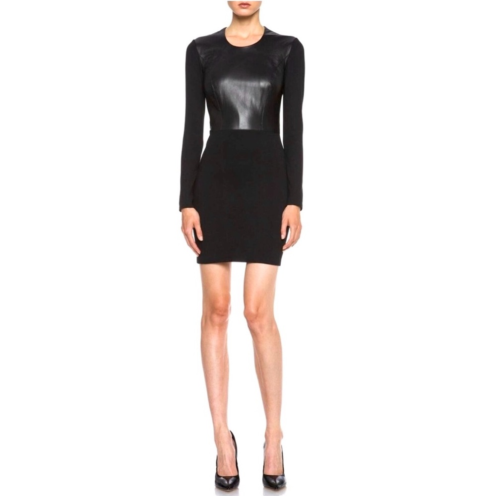 Helmut Lang Black Lamb Leather Panel Long Sleeve Dress